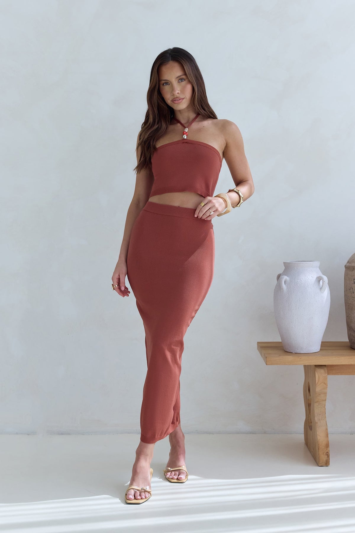 Secret Kisses Halter Knit Crop Top Clay